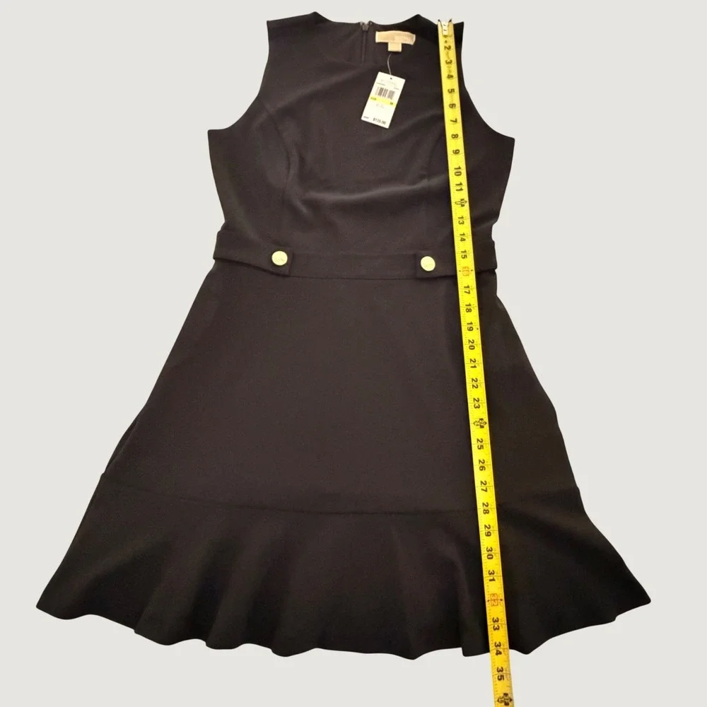 NWT Michael Kors Womens Black Sleeveless Ruffle Hem Dress MK Logo Buttons Size M